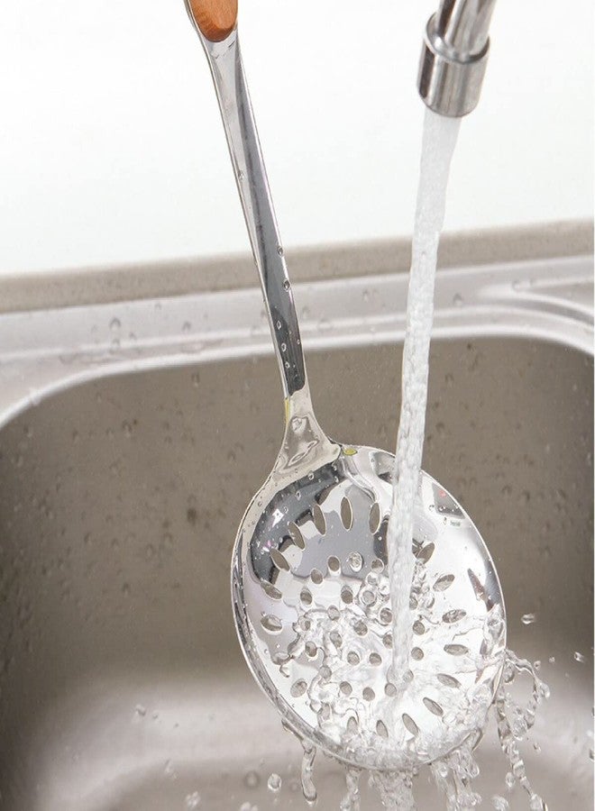 ليونز ملعقة مطبخ من الفولاذ المقاوم للصدأ 304 من ليونز، ملعقة مثقبة بمقبض خشبي طويل، طولها 14 بوصة - Image 2